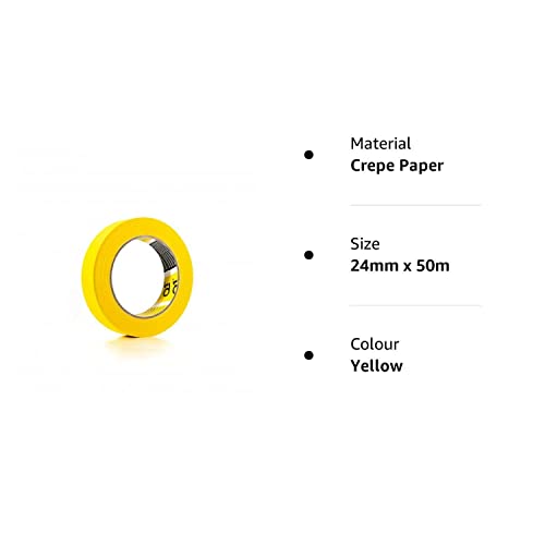 24mm x 50 Metre Q1 Painters Yellow Masking Tape Roll Painting & Decorating Premium masking for Car Body Spray Sharp Lines & No Paint Bleed with a rubber-base adhesive & 110°C Temperature Resistance