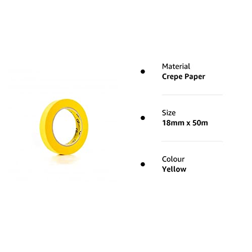 18mm x 50 Metre Q1 Painters Yellow Masking Tape Roll Painting & Decorating Premium masking for Car Body Spray Sharp Lines & No Paint Bleed with a rubber-base adhesive & 110°C Temperature Resistance