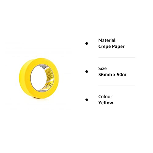 36mm x 50 Metre Q1 Painters Yellow Masking Tape Roll Painting & Decorating Premium masking for Car Body Spray Sharp Lines & No Paint Bleed with a rubber-base adhesive & 110°C Temperature Resistance