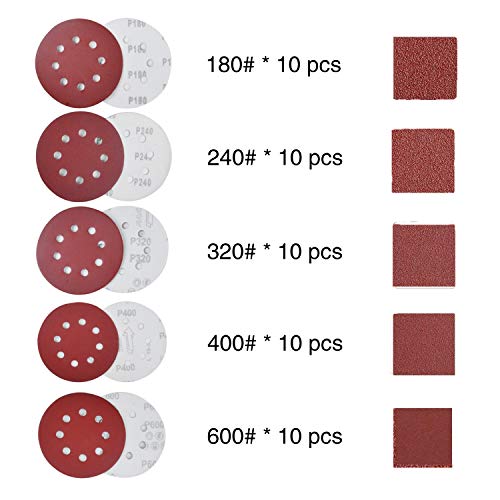 100PCS 125mm Sanding Discs Round 8 Hole Sanding Discs Pads 40/60/80/100/150/180/240/320/400/600 Hook and Loop Sandpaper for Random Orbital Sander