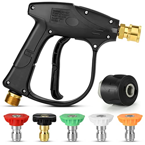 Pressure Washer Gun, Short Nozzle Jet Wash Gun with M22 14MM Hose Interface and Adaptor Compatible with 1/4 inch Quick-Connect Nozzles 4350PSI High Pressure for Car Washing and Patio Cleaning