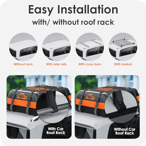 BOYUJK Car Roof Bag 20 Cubic/566 L, Waterproof Car Roof Bag no Rack Needed, Car Roof Box with Anti-Slip Mat and 6 Heavy-Duty Straps, Folding Soft Roof Bag for Cars with/Without Rack（ Orange 566L ）