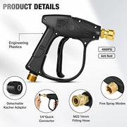 Pressure Washer Gun, Short Nozzle Jet Wash Gun with M22 14MM Hose Interface and Adaptor Compatible with 1/4 inch Quick-Connect Nozzles 4350PSI High Pressure for Car Washing and Patio Cleaning