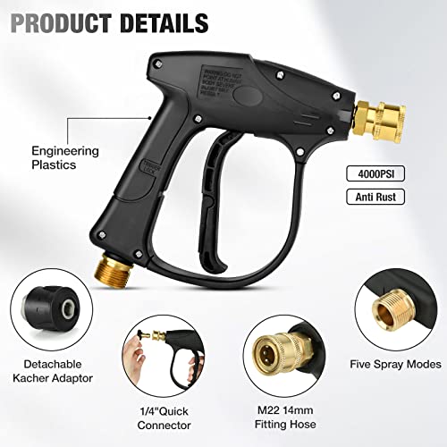 Pressure Washer Gun, Short Nozzle Jet Wash Gun with M22 14MM Hose Interface and Adaptor Compatible with 1/4 inch Quick-Connect Nozzles 4350PSI High Pressure for Car Washing and Patio Cleaning