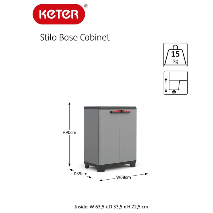 Keter Stilo Low Indoor Garage Utility Multi purpose Cabinet - Grey/Black/Red