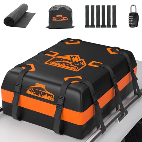 BOYUJK Car Roof Bag 20 Cubic/566 L, Waterproof Car Roof Bag no Rack Needed, Car Roof Box with Anti-Slip Mat and 6 Heavy-Duty Straps, Folding Soft Roof Bag for Cars with/Without Rack（ Orange 566L ）