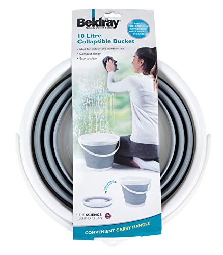 Beldray LA028495GRY Collapsible Bucket - Foldable Tub For Compact Storage, Indoor/Outdoor Use, Car Cleaning, Space Saving For Camping/Caravans/Motorhomes, Easy Clean Plastic With Handle, 10 L, Grey