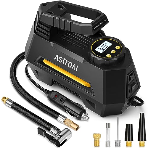 AstroAI Tyre Inflator Air Compressor 12V, Portable Electric Auto-Stop Car Tyre Pump with Tyre Pressure Gauge, Valve Adaptors and LED Light, Car Accessories, Yellow