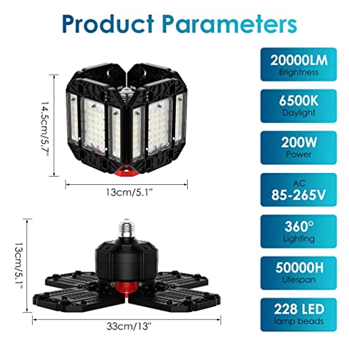 Rafow 200W LED Garage Light 1 Pack - 20000LM 6500K Deformable Ceiling Lighting Fixture with 12 Adjustable Panels - E26/E27 Bay Light for Garage | Basement | Shop | Workshop | Barn | Warehouse