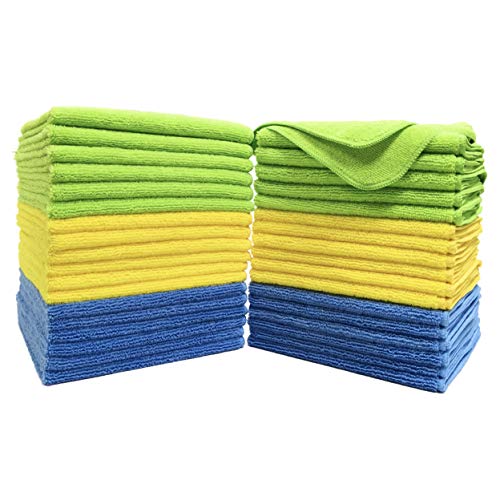 POLYTE Premium Microfibre Cleaning Towel, 40x40 cm, 36 Pack, Blue,Green,Yellow