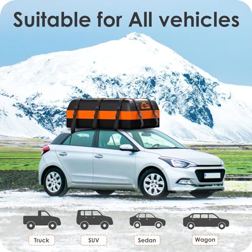 BOYUJK Car Roof Bag 20 Cubic/566 L, Waterproof Car Roof Bag no Rack Needed, Car Roof Box with Anti-Slip Mat and 6 Heavy-Duty Straps, Folding Soft Roof Bag for Cars with/Without Rack（ Orange 566L ）