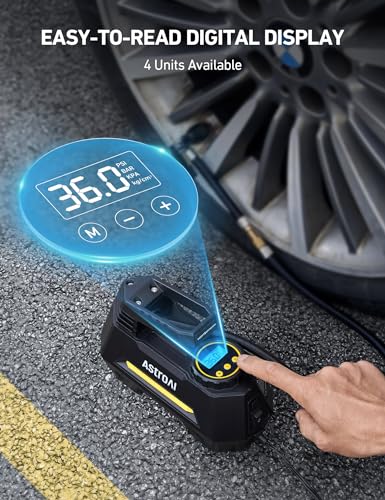 AstroAI Tyre Inflator Air Compressor 12V, Portable Electric Auto-Stop Car Tyre Pump with Tyre Pressure Gauge, Valve Adaptors and LED Light, Car Accessories, Yellow