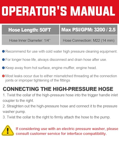 YAMATIC M22Pressure Washer Hose 15M/50FT 1/4", Kink Resistant Power Washer Hose Replacement for Flexzilla Uberflex Ryobi Genarac Troy Bilt Honda Leak-Free 22MM Fittings, 3200 PSI/220 Bar