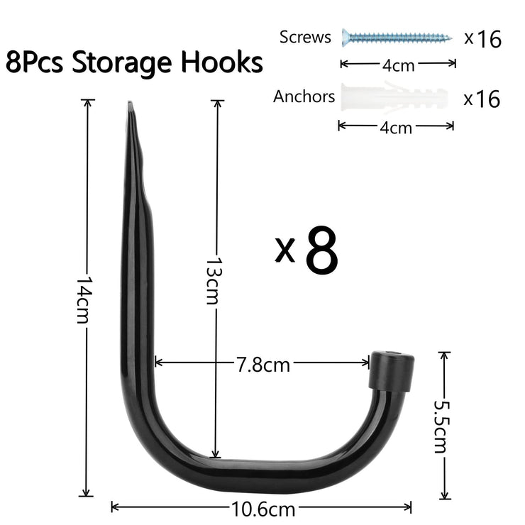 pipabiba Garage Storage Hooks, Heavy Duty Utility J Hooks for Garage Storage, Sheds Organizer, Garden Tools, Gym Sports Equipment, Each Hook Max Load 20KG (14cm x 10.5cm)