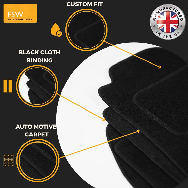 FSW - Tailored Mats - Fits PEUGEOT 3008 2009-2016 - Black Carpet - Anti Slip Mat - Non Slip Car Floor Mat, Fitted With Clips & Granulated Backing - 3 Pc Floor Mat Only