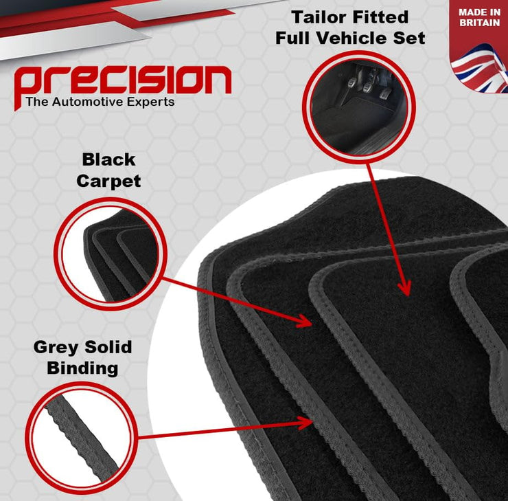 Precision - Tailored Car Mats - Intended for Audi A3 Sportback 2012-2020 - 4 Piece Set - Non-Slip Floor Mats - Black Carpet - Grey Binding - Fittings Clips - SFP