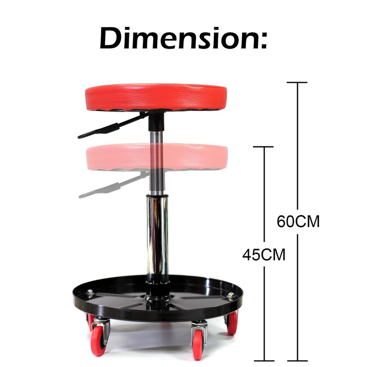 Adjustable Pneumatic Rolling Mechanic Stool with Removable Tool Tray, 5 Universal Casters, and Swivel Padded Chair for Garage, Workshop, and Auto Repair Shop, Red