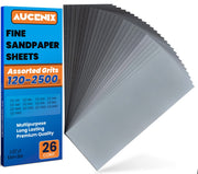 Aucenix 26PCS Sandpaper, 120 to 2500 Mixed Grits Assorted Sanding Paper Pack for Wood, Fine & Coarse Wet & Dry Waterproof Abrasive Paper Sheets for Walls, Metal Plastic, Furniture Finishing, Polishing