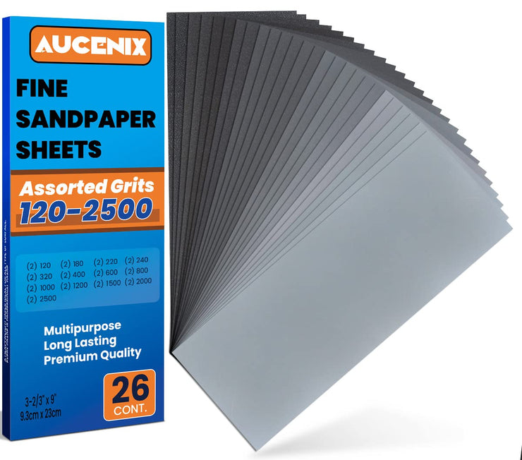 Aucenix 26PCS Sandpaper, 120 to 2500 Mixed Grits Assorted Sanding Paper Pack for Wood, Fine & Coarse Wet & Dry Waterproof Abrasive Paper Sheets for Walls, Metal Plastic, Furniture Finishing, Polishing