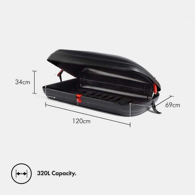 VonHaus Car Roof Box – Hard Rooftop Carrier Storage for Camping, Tents, Bags, Luggage – 320L Capacity Roofbox, Weather Resistant, Carbon Fibre Effect Finish, Central Locking System, Fits Most Cars