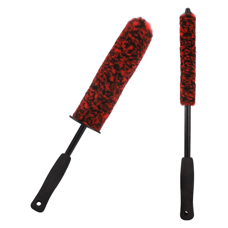 TSLBW 2 Pcs Car Wheel Brushes and Rim Cleaning Brush Long Handle Vehicle Kit Microfiber Hub Different Size Detailing Set Bendable Tire Brush, Black and Red