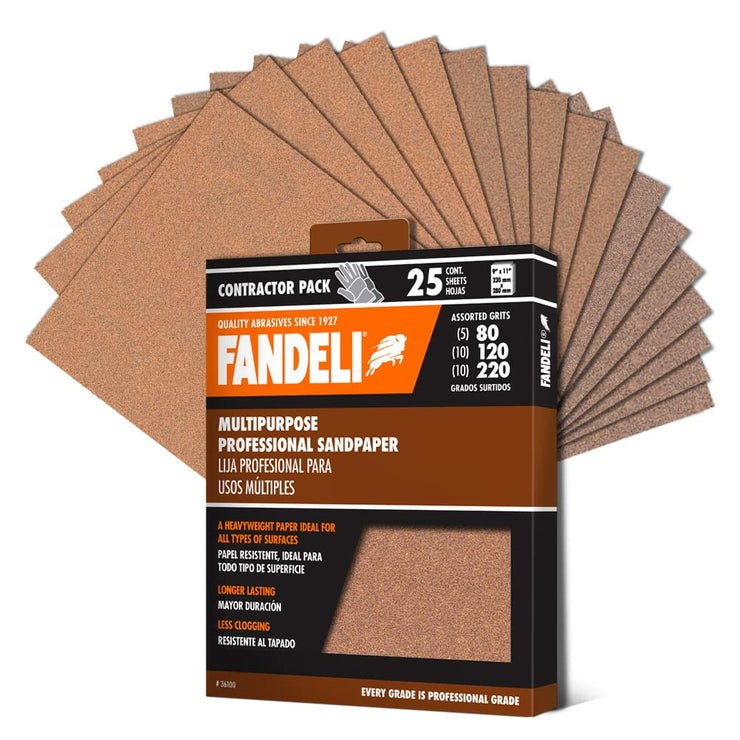 Fandeli | Multi-Purpose Sanding Paper | Assorted Grits (80,120,220) | 25 Sheets of 23 x 28 cm | Perfect for Sanding Metal and Sanding Wood | Hand Sanding | Orbital Sanders