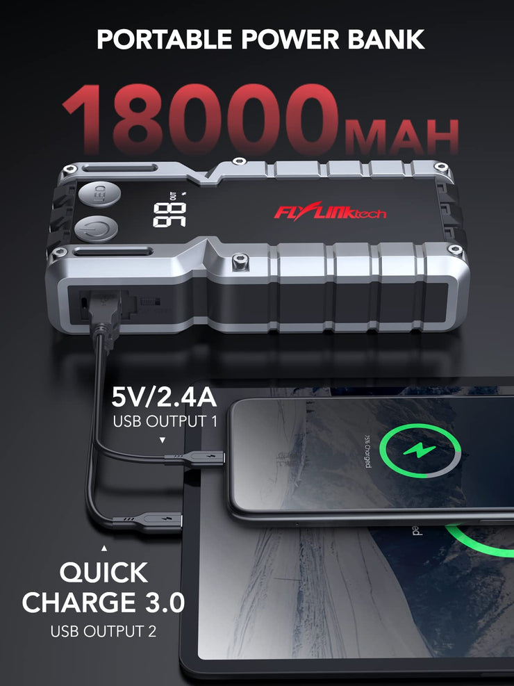 4000A Car Jump Starter, FLYLINKTECH Jump Starter Power Pack Car Battery Emergency Starter Battery Booster Quick Charge USB LED Light