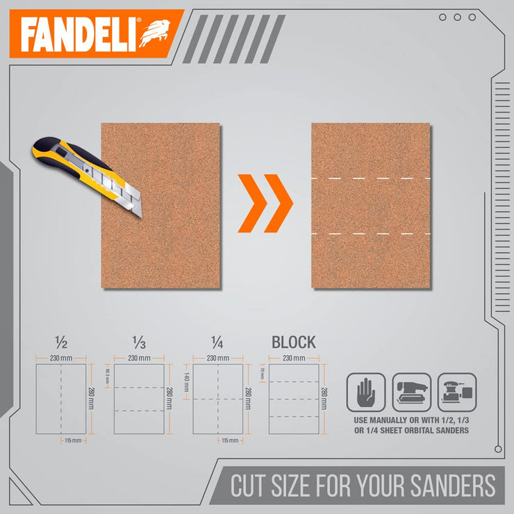 Fandeli | Multi-Purpose Sanding Paper | Assorted Grits (80,120,220) | 25 Sheets of 23 x 28 cm | Perfect for Sanding Metal and Sanding Wood | Hand Sanding | Orbital Sanders