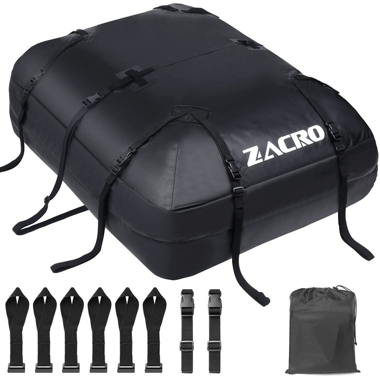 Zacro Car Roof Bag Waterproof - 15 Cubic Feet (425 L) Car Roof Box - Straps for Any Car with/without Roof Rack/Rails/Bars - Foldable Car Top Carrier with 10 Reinforced Straps and 6 Door Hooks