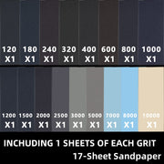 FEIHU-Ultra Fine 17 Sheet Wet Dry Sandpaper,120 to 3000/5000 / 7000/8000/10000 Assorted Grit Sandpaper.9X3.6 Inches for Automotive Sanding High grit Sandpaper (17-Sheet Sand Paper)