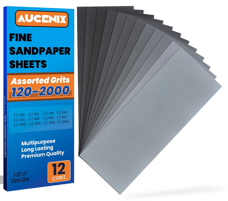 Aucenix 12PCS Sandpaper, 120 to 2000 Mixed Grits Assorted Sanding Paper Pack for Wood, Fine & Coarse Wet & Dry Waterproof Abrasive Paper Sheets for Walls, Metal Plastic, Furniture Finishing, Polishing