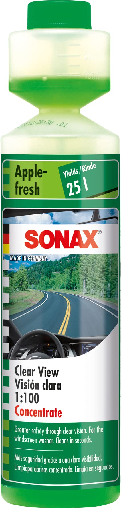 SONAX CLEAR VIEW 1:100 CONCENTRATE APPLE-FRESH (250 ml) - Greater safety through clear vision. For the windscreen washer. Cleans in seconds. | Item-No. 03721410-544