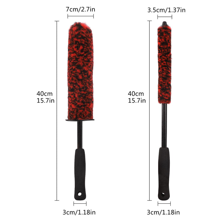 TSLBW 2 Pcs Car Wheel Brushes and Rim Cleaning Brush Long Handle Vehicle Kit Microfiber Hub Different Size Detailing Set Bendable Tire Brush, Black and Red