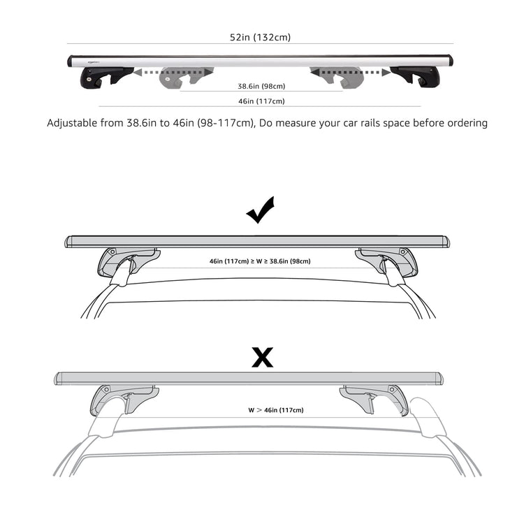 Amazon Basics 132.1 cm Roof Rack Cross Bars, Fits 98 to 116.8 cm Width of 2 Raised Rails with Gap to Car Roof, 2-Pieces, Black/Silver