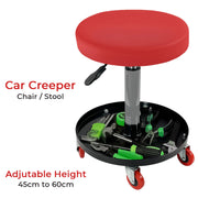 Adjustable Pneumatic Rolling Mechanic Stool with Removable Tool Tray, 5 Universal Casters, and Swivel Padded Chair for Garage, Workshop, and Auto Repair Shop, Red