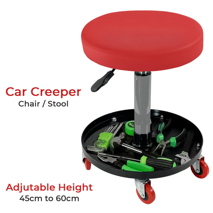 Adjustable Pneumatic Rolling Mechanic Stool with Removable Tool Tray, 5 Universal Casters, and Swivel Padded Chair for Garage, Workshop, and Auto Repair Shop, Red