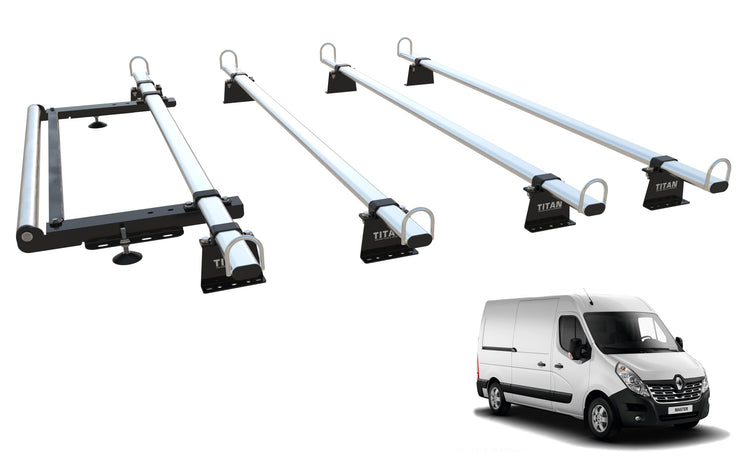 TITAN WorkReady Van Roof Rack 4 Bars - Compatible Fittings to fit a RENAULT MASTER Mk2 (2010 onward) - With Rear Roller kit