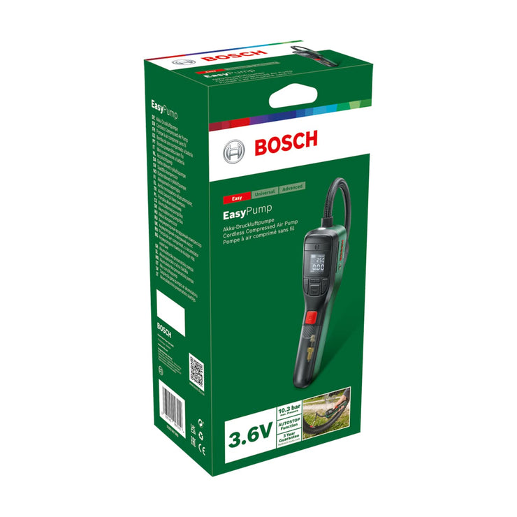 Bosch Electric Bike Pump, Portable Air Pump, Cordless Tyre Inflator EasyPump (3.0 Ah battery, 3.6 Volt, Autostop function, 150 PSI, 10.3 bar, LED, rechargeable via USB-C cable, in carton box)