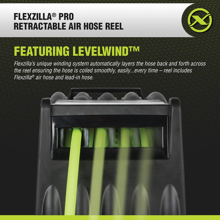 Flexzilla Levelwind Retractable Air Hose Reel, 3/8 in. x 75 ft., Heavy Duty, Lightweight, Hybrid, ZillaGreen - L8306FZ