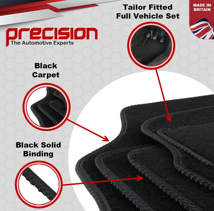 Precision - Tailored Car Mats - Intended for Ford Focus 2004-2010 MK2-4 Piece Set - Non-Slip Floor Mats - Black Carpet - Black Binding - Fittings Clips - SFP