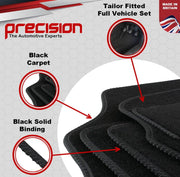 Precision - Tailored Car Mats - Intended for Citroen C4 Cactus 2014-2022 - 4 Piece Set - Non-Slip Floor Mats - Black Carpet - Black Binding - Fittings Clips - SFP