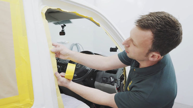 48mm x 50 Metre Q1 Painters Yellow Masking Tape Roll Painting & Decorating Premium masking for Car Body Spray Sharp Lines & No Paint Bleed with a rubber-base adhesive & 110°C Temperature Resistance