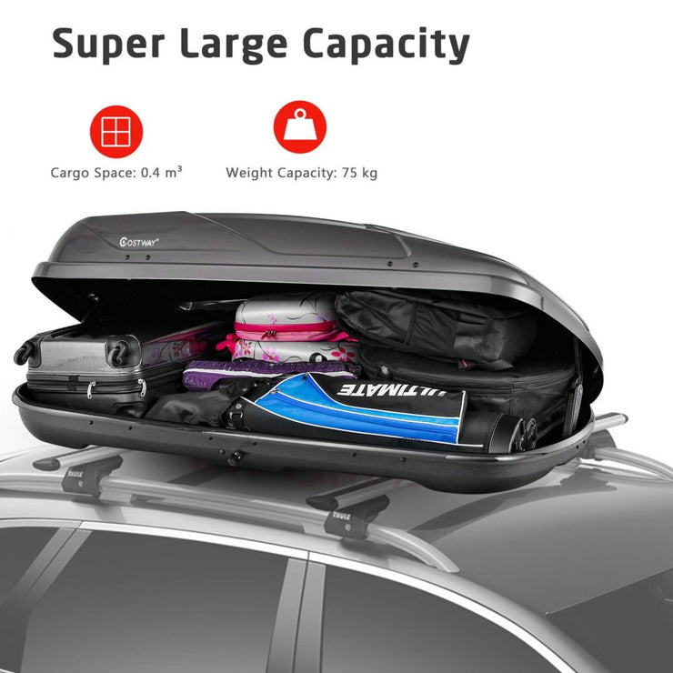 COSTWAY Car Roof Box, 400L Capacity Hard Roof Cargo Carrier with Security Keys & Dual Side Opening, Waterproof Rooftop Luggage Storage Box for Car, SUV, Van, Fits Most Cars (Grey)