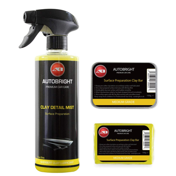 Autobright Pre Cleaning Car Wax Polishing Clay Mist 500ml & 100g Yellow Medium Clay Bar Smooth Finish Detailing Kit