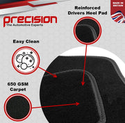 Precision - Tailored Car Mats - Intended for Audi A3 Sportback 2012-2020 - 4 Piece Set - Non-Slip Floor Mats - Black Carpet - Grey Binding - Fittings Clips - SFP