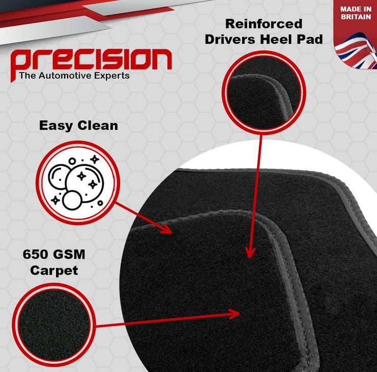 Precision - Tailored Car Mats - Intended for Audi A3 Sportback 2012-2020 - 4 Piece Set - Non-Slip Floor Mats - Black Carpet - Grey Binding - Fittings Clips - SFP