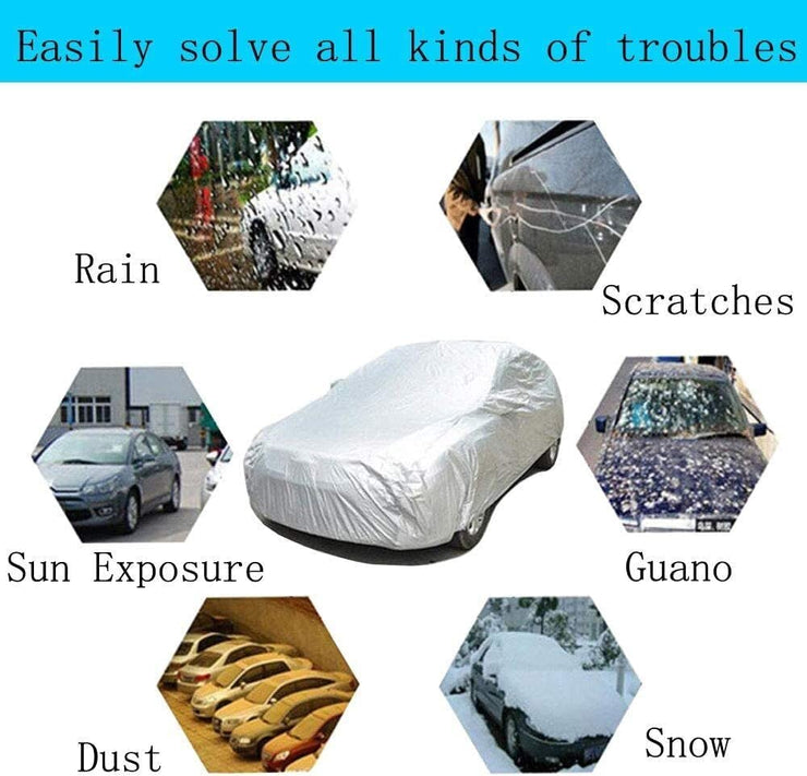 True Face Car Cover Universal Full Car Covers for Automobiles All Weather Waterproof UV Protection Windproof Rain Dust Scratch Proof Fit For Sedan & Hatchback Size 480x175x120 cm White - Silver