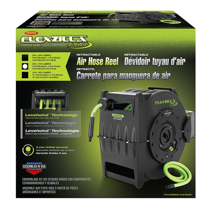 Flexzilla Levelwind Retractable Air Hose Reel, 3/8 in. x 75 ft., Heavy Duty, Lightweight, Hybrid, ZillaGreen - L8306FZ