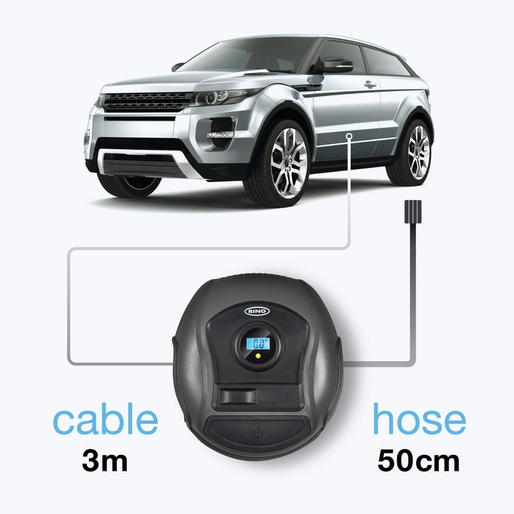 Ring Automotive Ring RTC300 12V Compact Digital, Air Compressor, Pump 3.5 min Tyre Inflation, Valve Adaptors