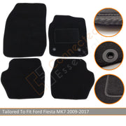 Fully Tailored Car Mats for Ford Fiesta MK7 2008-2017, Set of 4 Floor Mats, Black with Black Trim with 2 Safety Clips 1947554